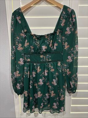 Forest Green Floral Long-Sleeve Mini Dress
